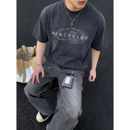 PLTH*重磅360g做旧水洗T恤男美式复古宽松落肩小领口潮流情侣短袖
