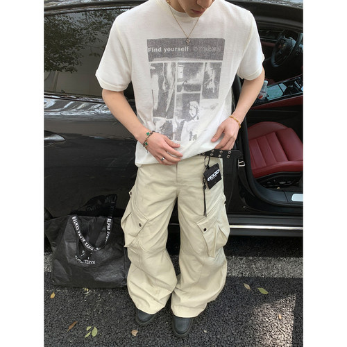 PLTH*复古做旧短款正肩短袖T恤男显瘦人像印花夏季休闲半袖上衣潮