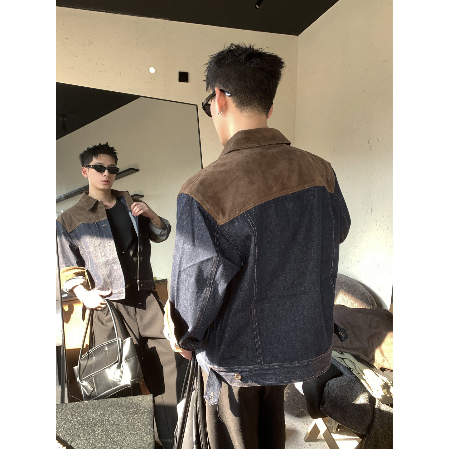 PLTH美式复古麂皮拼接牛仔外套男撞色翻领工装夹克设计感丹宁上衣