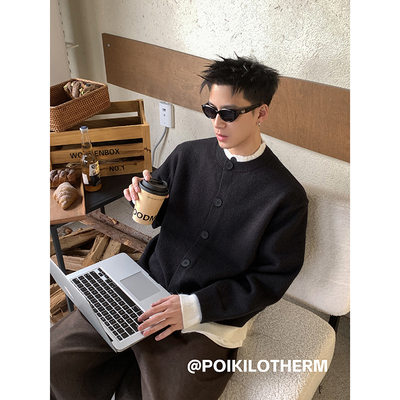 PLTH*美式复古假两件拼接撞色针织衫男秋冬学院风vintage叠穿毛衣