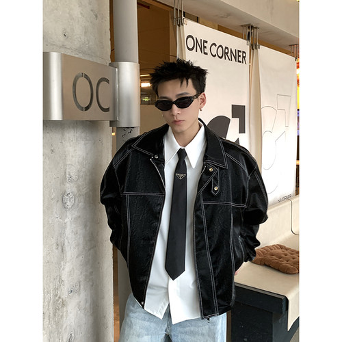 PLTH*美式潮牌变色机车风复古工装PU皮夹克小众设计感宽松外套男