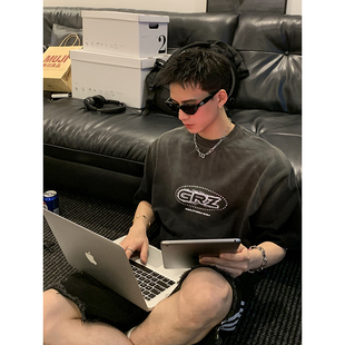 T恤重磅半袖 渐变褪色原创烫钻喷溅字母印花短袖 男女 2024新品 PLTH