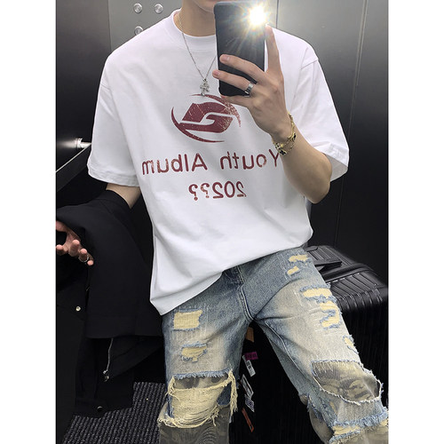 PLTH*重磅宽松美式复古基础版型数码直喷印花落肩T恤百搭短袖男女