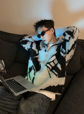 PLTH*美式复古设计感提花针织衫外套男慵懒风双拉链宽松开衫毛衣