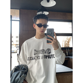 重磅纯棉小领口长袖 PLTH 美式 T恤男宽松做旧裂纹字母印花打底上衣