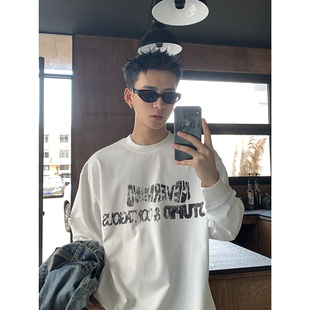 T恤男宽松做旧裂纹字母印花打底上衣 重磅纯棉小领口长袖 PLTH 美式