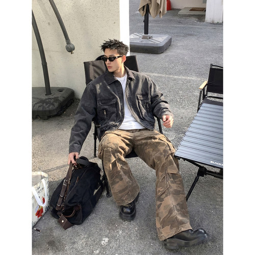 PLTH*美式复古做旧水洗牛仔夹克男多口袋工装风短款外套翻领上衣