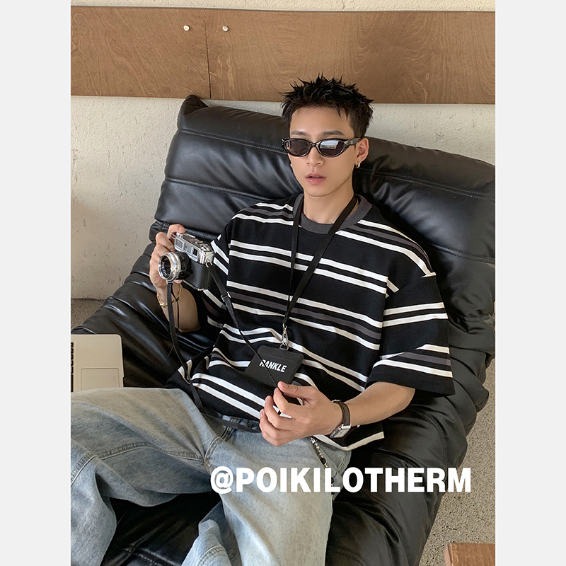 PLTH*美式复古灰色条纹拼接撞色短袖T恤男圆领设计感宽松休闲上衣