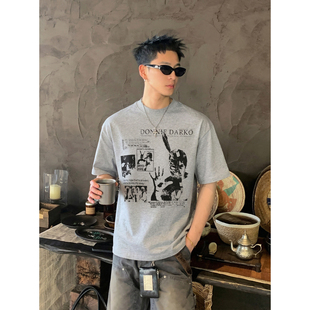 男宽松休闲高街做旧半袖 PLTH 复古暗黑涂鸦印花短袖 美式 T恤潮 夏季