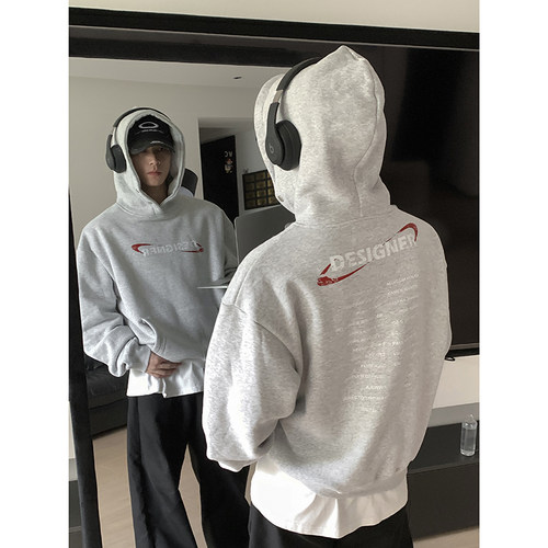 PLTH*冬季加绒加厚抗寒内里羊羔绒连帽金属防风扣情侣连帽卫衣男