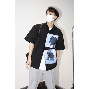夏季 复古宽松半袖 衬衫 人像贴布设计感RAF风美式 男女上衣 短袖 PLTH
