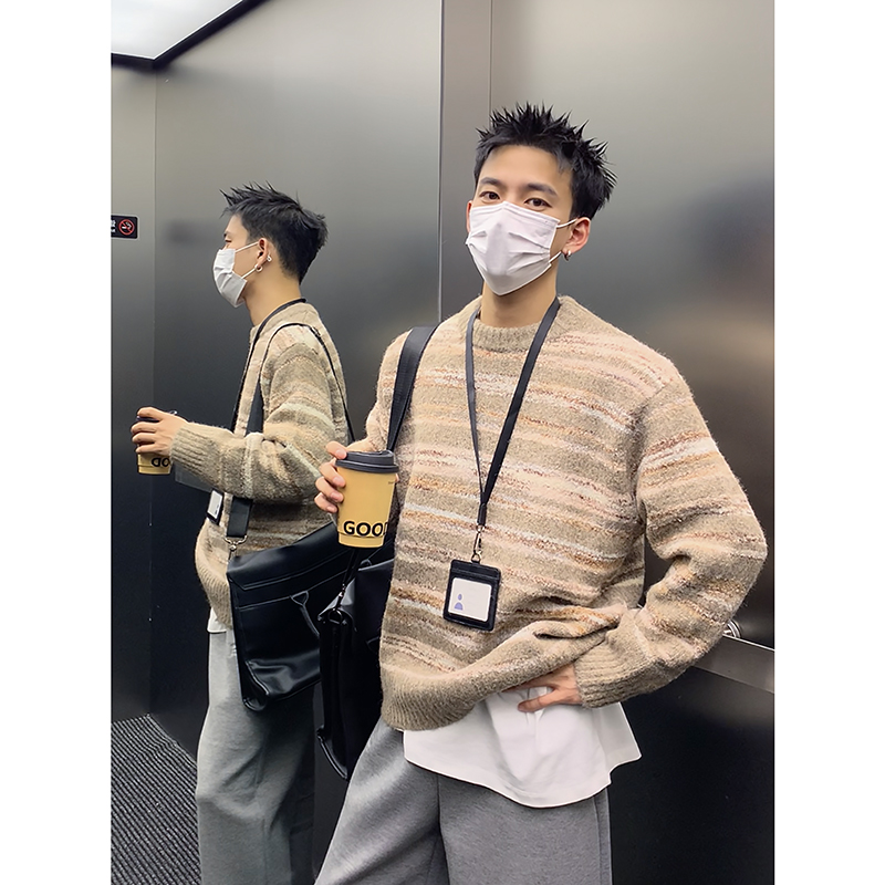 PLTH*冬季美式复古高级感撞色条纹圆领毛衣男休闲宽松羊毛针织衫