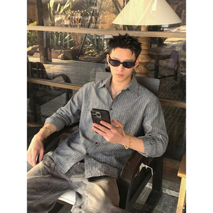 男宽松休闲长袖 复古细条纹衬衫 衬衣日系cityboy风上衣 美式 PLTH