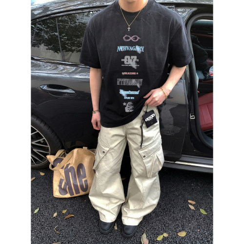 PLTH*美式街头小领口短袖T恤男字母07号印花复古百搭休闲半袖上衣