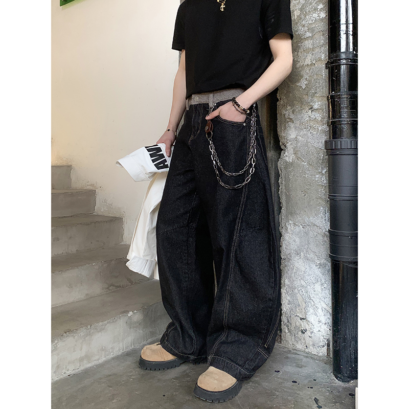PLTH*美式阔腿垂感cleanfit牛仔裤男女宽松直筒vintage拖地弯刀裤