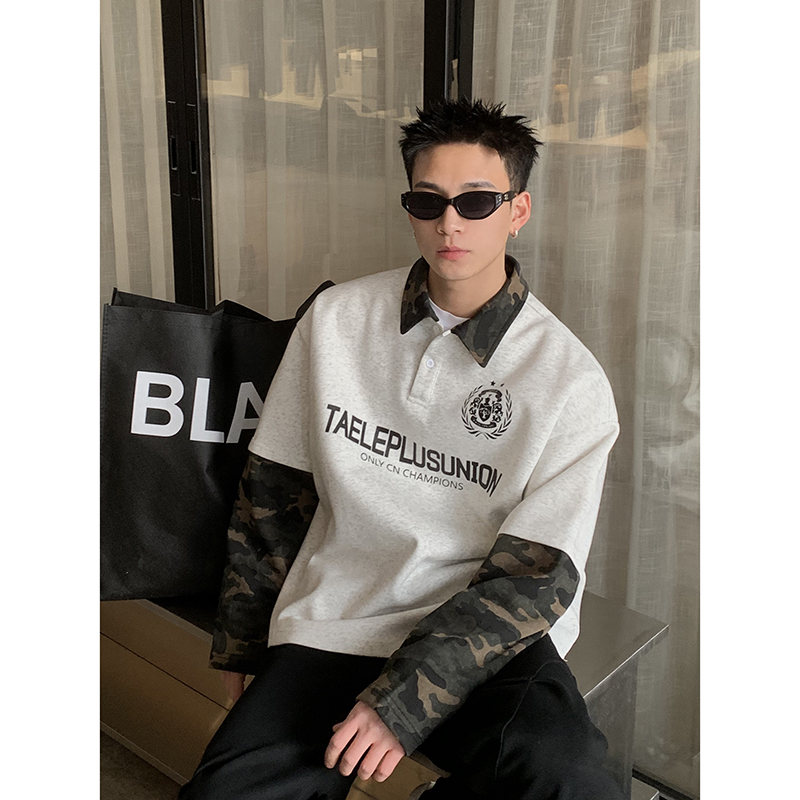 PLTH*美式潮牌拼接迷彩假两件长袖POLO衫男女春季设计感打底上衣