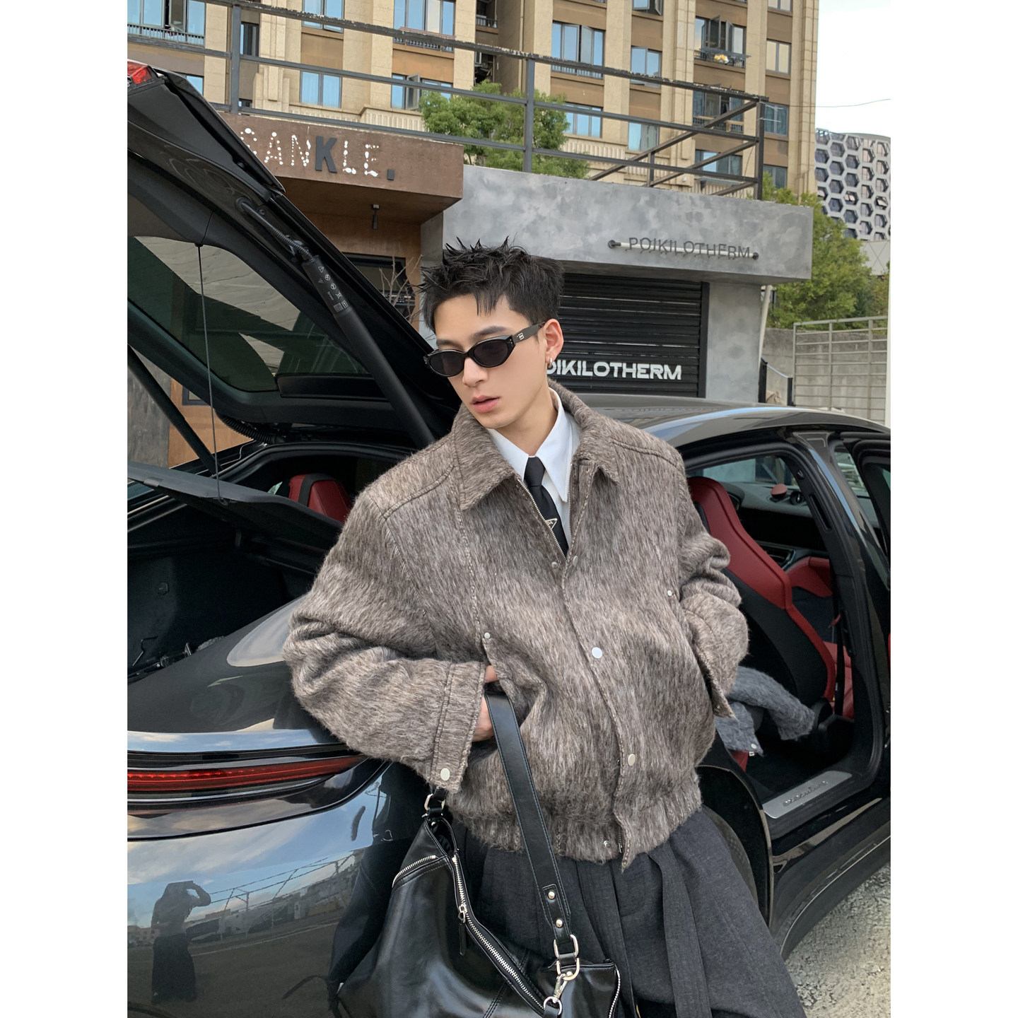 PLTH*老钱风毛呢马海毛棉服男秋季短款翻领宽松高级感夹克外套潮