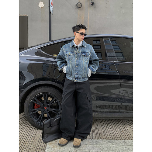 PLTH*韩系复古短款牛仔外套男高级感百搭翻领cleanfit早秋上衣潮