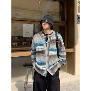 PLTH 慵懒风宽松针织外套情侣毛衣男 复古小香风扎染渐变落叶开衫