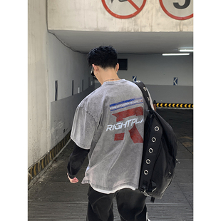 型原创小众印花T恤男 水洗复古做旧字母纯棉小领口宽松版 PLTH 美式