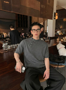 PLTH*美式复古斜纽扣设计超薄短款短袖针织衫男老钱风休闲半袖T恤