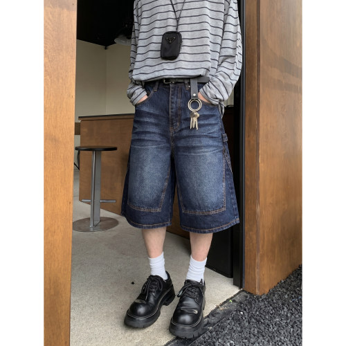 PLTH*Cleanfit工装拼接深蓝牛仔七分裤男夏季宽松直筒阔腿短裤潮