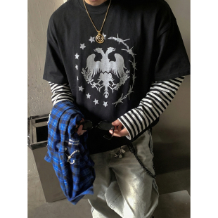 街头风打底衫 PLTH 做旧宽松美式 T恤男春季 高街潮牌假两件条纹长袖