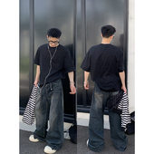 PLTH 男牛仔裤 美式 复古水洗直筒拖地做旧宽松百搭显腿长街头时尚