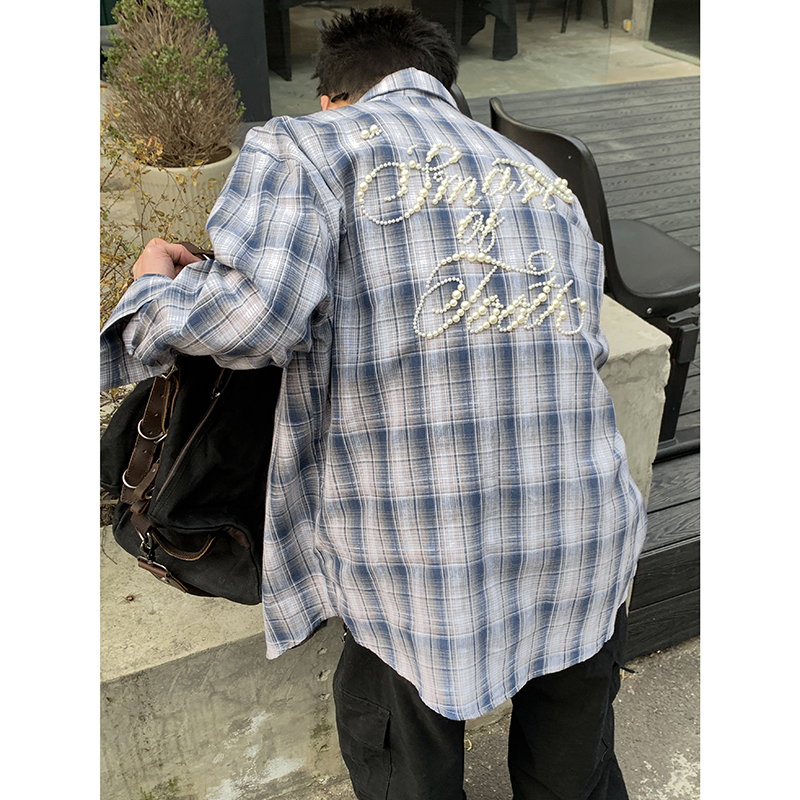 PLTH*美式高街设计感撞色格纹珍珠长袖衬衫男女百搭慵懒感衬衣ins