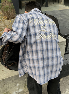 PLTH*美式高街设计感撞色格纹珍珠长袖衬衫男女百搭慵懒感衬衣ins