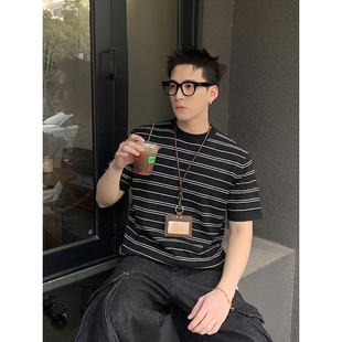 PLTH*夏季美式复古条纹针织短袖男T恤休闲宽松透气基础款上衣潮牌