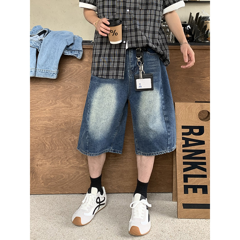 PLTH*美式高街深蓝色七分裤男夏季小众简约百搭休闲宽松牛仔短裤