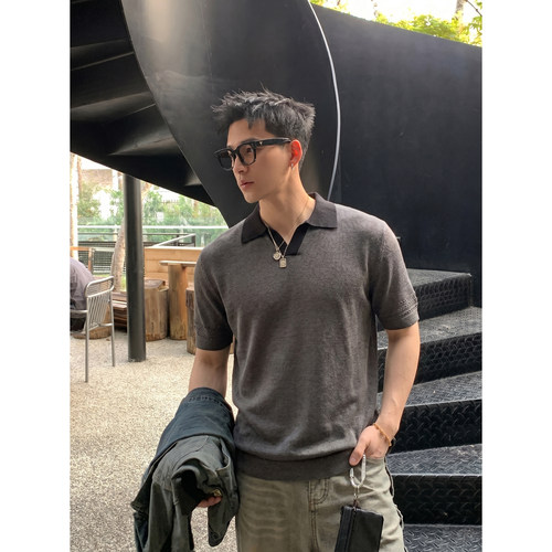 PLTH*轻熟风撞色V领针织polo衫男夏季薄款透气短袖高级感休闲上衣