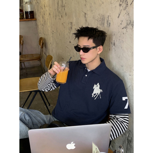 T恤男美式 假两件条纹Polo领长袖 复古大马标刺绣宽松上衣 春季 PLTH