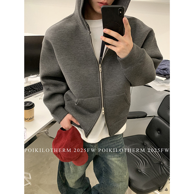 PLTH*灰色重磅开衫卫衣男美式cleanfit双拉链秋季连帽拉链外套潮