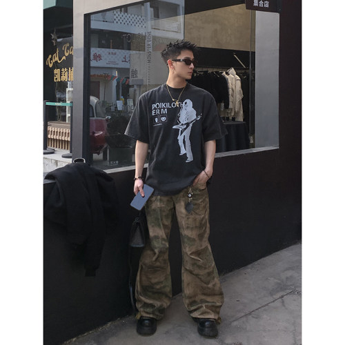 PLTH*美式高街hiphop吉他手短袖T恤男夏季宽松纯棉重磅圆领上衣潮