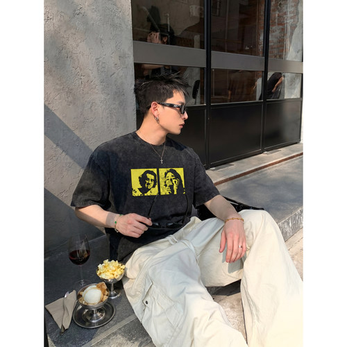 PLTH*水洗做旧人像印花T恤美式高街宽松小众潮牌男女同款短袖上衣