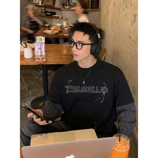 T恤男潮牌高级感印花宽松圆领打底衫 条纹拼接长袖 假两件春季 PLTH