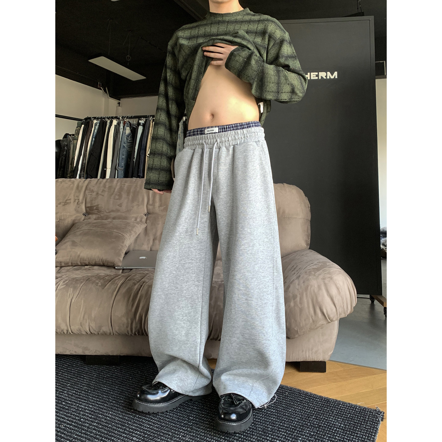 PLTH*美式哥特风双腰头休闲卫裤男秋季宽松设计感阔腿垂感拖地裤