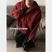 PLTH 美式 复古安可拉红连帽毛衣男冬氛围感cleanfit针织毛衣卫衣