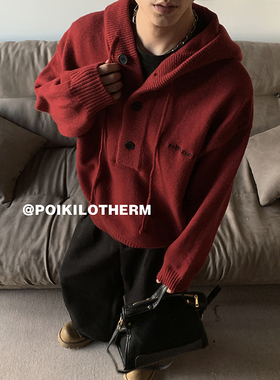 PLTH*美式复古安可拉红连帽毛衣男冬氛围感cleanfit针织毛衣卫衣