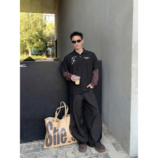 复古Polo衫 美式 男星星印花假两件条纹拼接宽松翻领上衣 春季 PLTH