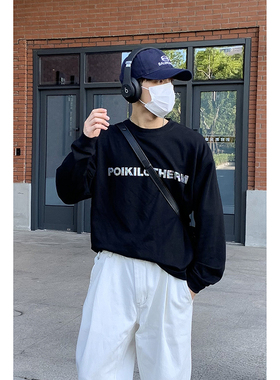 PLTH*春季新款烫钻印花圆领T恤男女潮牌长袖上衣休闲百搭基础情侣