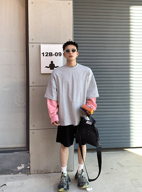 PLTH*假两件撞色拼接圆领长袖T恤男女秋季宽松休闲套头韩版卫衣