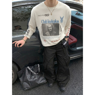 T恤男宽松落肩打底上衣潮 复古Club风小丑印花华夫格长袖 PLTH 美式