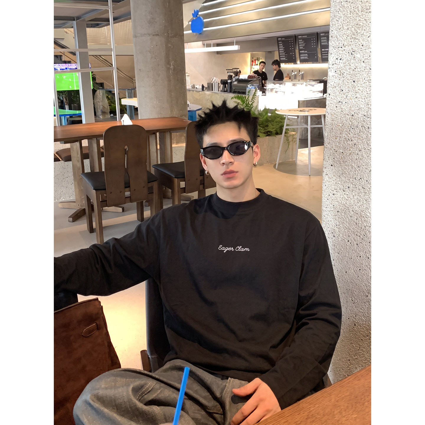 PLTH*Cleanfit手写英文长袖T恤男简约叠穿圆领宽松休闲打底衫上衣