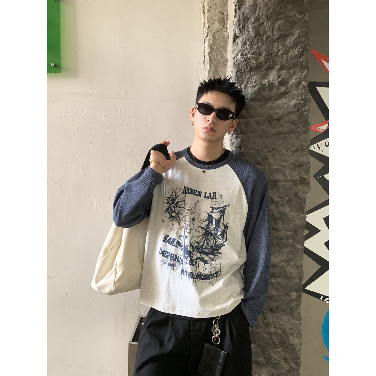 PLTH*美式复古帆船印花插肩长袖T恤男蓝白撞色华夫格宽松打底衫潮