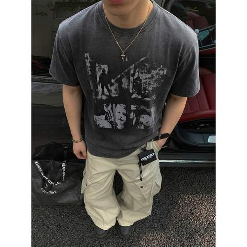 PLTH*美式复古做旧水洗人像印花短袖T恤男女短款宽松高街潮牌上衣