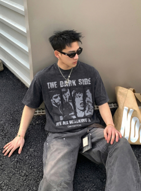 PLTH*夏季美式复古做旧贴布水洗印花短袖男女宽松高街潮牌半袖T恤