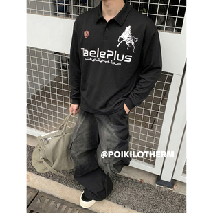 Polo衫 PLTH 复古奔马印花长袖 美式 男街头宽松赛车风翻领上衣 春季